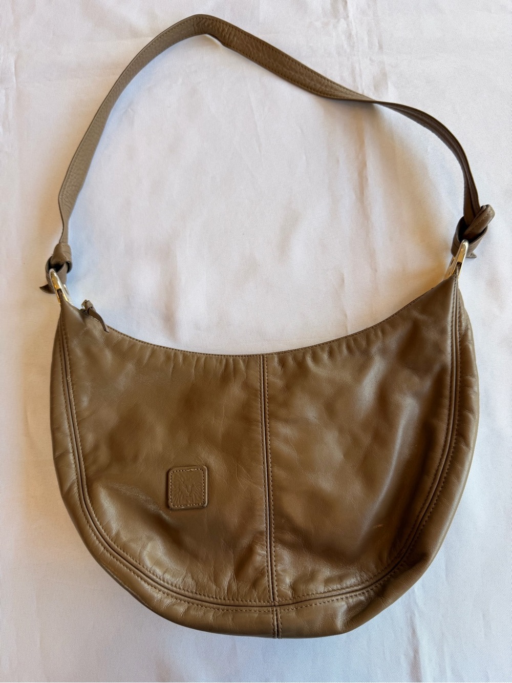 Vintage 1980s Anne Klein for Calderon Taupe Leather Crescent Shoulder Bag